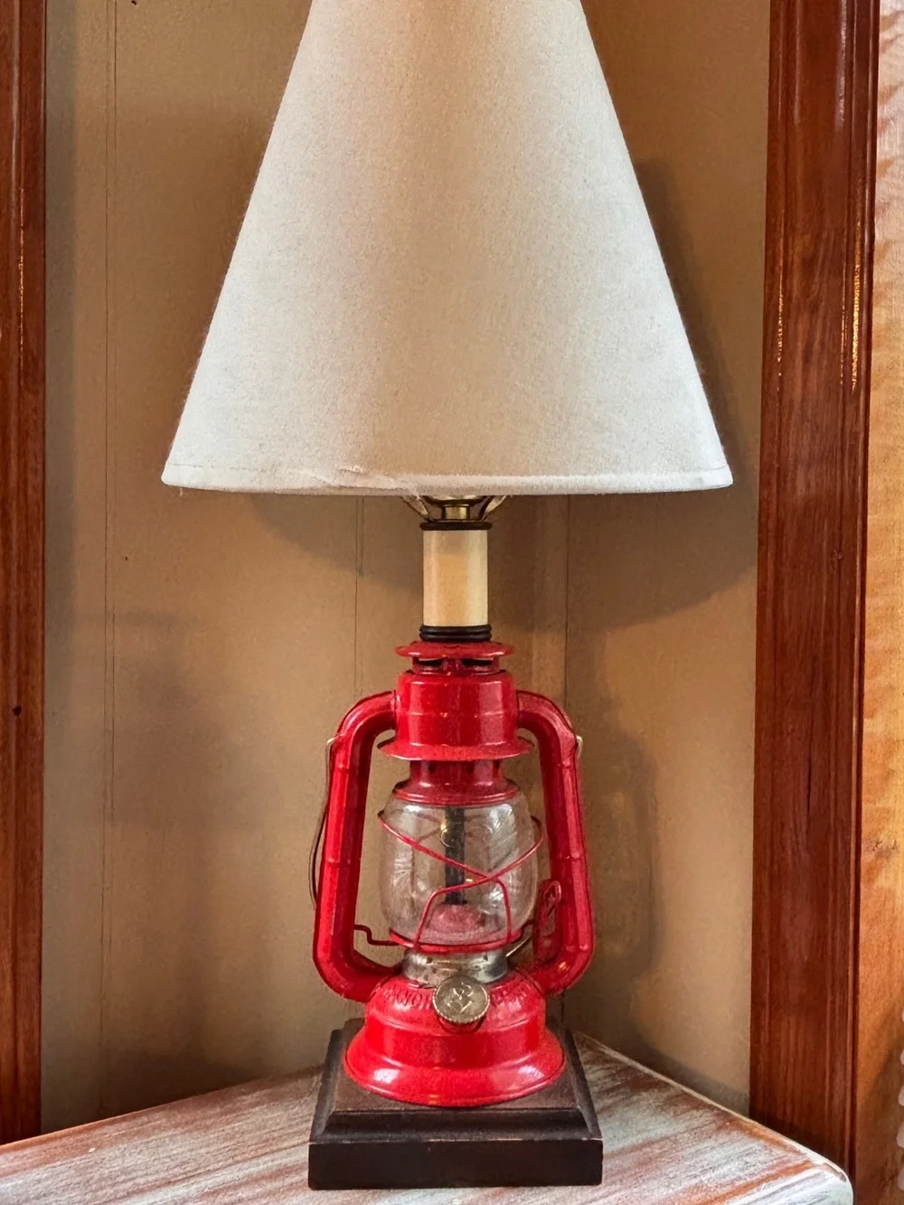 Vintage 70’s Red Lantern-Style Table Lamp with Cream Shade
